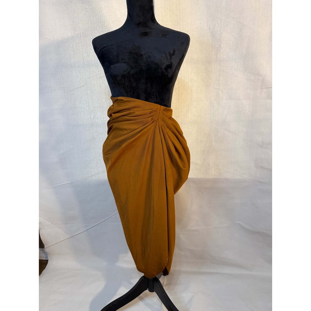PrettyLittleThing Ochre Rust Draped Sarong Midi Skirt High Waist Size 2 - Picture 2 of 4
